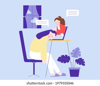 Flat illustration of psychiatrist providing advice to a depressed woman and helping her overcome anxiety via laptop. Concept of online mental health consultation.