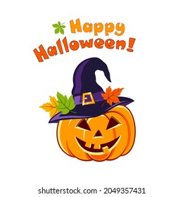 Flat illustration of pumpkin for halloween. Pumpkin in purple hat with many multicolored leaves around on white background. Happy halloween lettering. Idea for a poster, sticker, web design and so on.