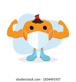 Flat Illustration pumpkin Mask On white background with hands and feet , Suitable For Halloween Party Themed Designs Or web Covid-19