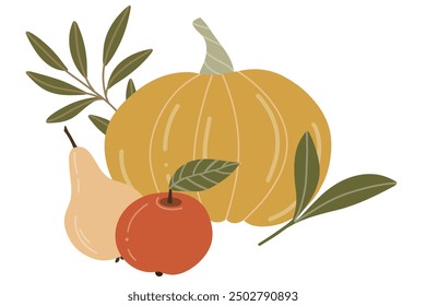 Flat illustration of pumpkin, pear, apple with green leaves. Vector composition for the harvest festival. Clipart for cards, prints, banners on an autumn theme.