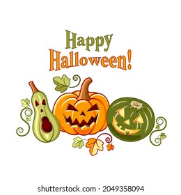 Flat illustration of pumpkins for halloween. Pumpkins with good and evil faces and many leaves around on white background.  Happy halloween lettering. Idea for a poster, sticker, web design and so on.