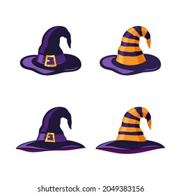 Flat illustration of purple and yellow witch hats on white background. Halloween decor in cartoon style. Idea for a poster, sticker, postcard, web design and so on.