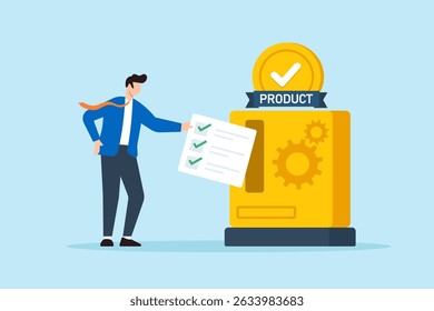 Ilustração plana do gerente de controle de qualidade inserindo a lista de verificação na máquina do produto para desbloquear o mecanismo de conformidade