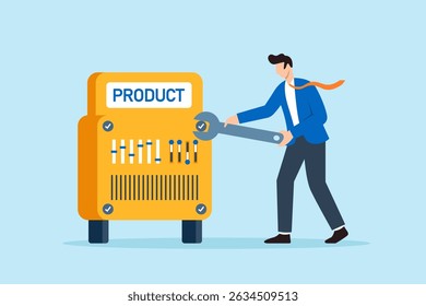 Flat illustration of quality control manager tightening checklist bolts on product machine for final inspection