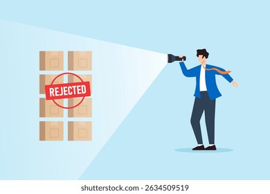 Flat illustration of quality control manager pointing flashlight at rejected products during inspection