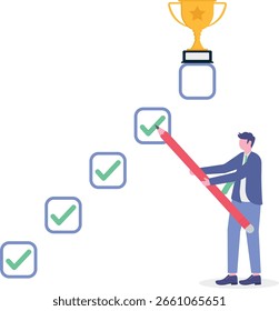 Ilustración plana del gerente de control de calidad subiendo la escalera de marcas de verificación para colocar la insignia de cumplimiento en la pila de productos certificados


