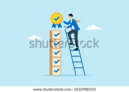Flat illustration of quality control manager climbing ladder of checkmarks to place compliance badge on certified product stack