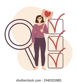 Flat illustration with quality rating. Concept of evaluating the work and receiving feedback. Girl holds a sign with a heart. In the background magnifying glass and a completed list with checkboxes