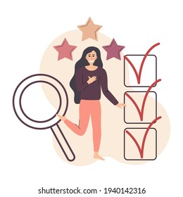 Flat illustration with quality rating. The concept of evaluating work and receiving feedback. Girl is smiling, with three stars above her. Background is a magnifying glass filled list with checkboxes.