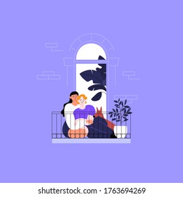 Flat illustration of a queer couple. Two girls staying home with their dog cuddling on the balcony. Pride month concept