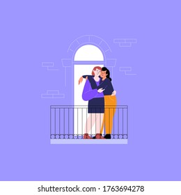 Flat illustration of a queer couple. Two girls staying home cuddling on the balcony. Pride month concept