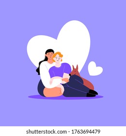 Flat illustration of a queer couple. Two girls and their dog cuddling. Pride month concept. Hearts on the background