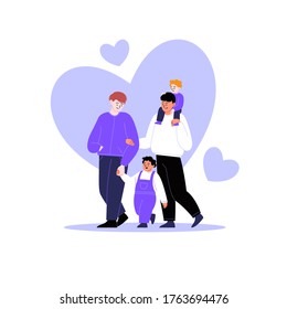 Flat Illustration Of A Queer Family. Gay Couple Walking With Kids. Hearts On The Background. Pride Month Concept