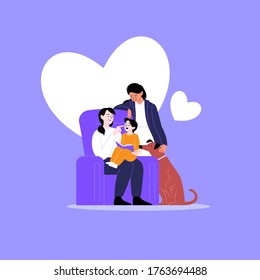 Flat Illustration Of A Queer Family With A Kid And A Dog. Two Mothers Spending Time With Their Child Reading Book At Home. Hearts On The Background. Pride Month Concept