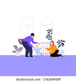 Flat illustration of a queer family with kid and pets. Two mothers teaching their child to walk at home. Pride month concept