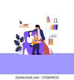 Flat illustration of a queer family with kid and pets. Two mothers spending time with their child reading book at home. Pride month concept