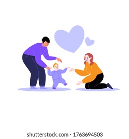 Flat Illustration Of A Queer Family. Lesbian Couple Teaching A Toddler To Walk. Hearts On The Background. Pride Month Concept