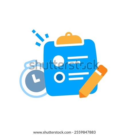 flat illustration of quick survey concept featuring clipboard with multiple choice options, pencil, and stopwatch. for educational materials, online surveys, user feedback forms or quiz applications