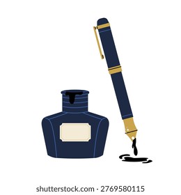 Flat illustration of quill pen with ink bottle. Symbol of writing, creativity and classic literature.