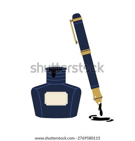 Flat illustration of quill pen with ink bottle. Symbol of writing, creativity and classic literature.