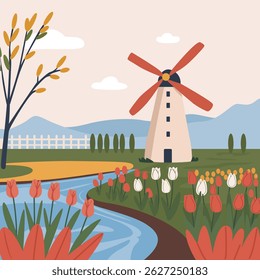 Flat illustration of a quintessential Dutch landscape featuring tulips, a serene river, classic windmill, and majestic mountains in the background, perfect for travel and nature-themed designs