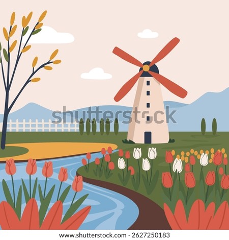 Flat illustration of a quintessential Dutch landscape featuring tulips, a serene river, classic windmill, and majestic mountains in the background, perfect for travel and nature-themed designs
