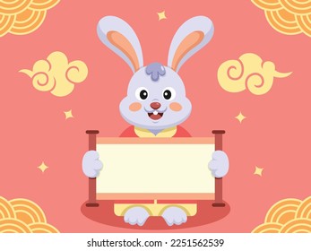 Flat Illustration of Rabbit Holding a Traditional Chinese Paper Roll. Chinese New Year Vector Illustration.