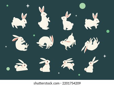 Ilustración plana para la colección de conjuntos de conejo.feliz festival de mediados de otoño y colección de conejitos de Pascua 