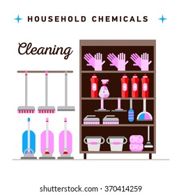 Flat illustration rack of home appliances, household chemicals and  washing and cleaning. Cleaning company. Housekeeper  equipment. Doodle design style concept, for web banners.   