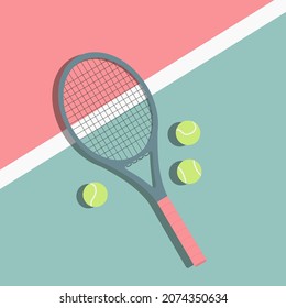 A flat illustration of racket and three tennis balls lying on court
