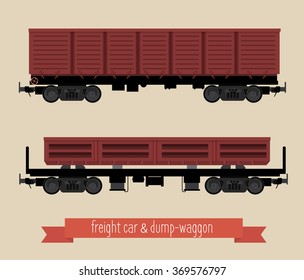 The flat illustration railcars. Two carriages of different types. Open the car and dump-car train. Beige background.