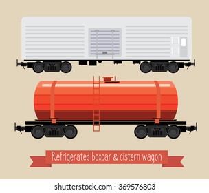 The flat illustration railcars. Two carriages of different types. Wagon refrigerator and tank. Beige background.