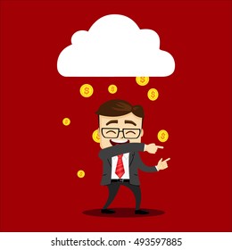 Flat illustration. Rain of gold coins under the happy businessman or manager character. Dancing manager character or businessman under the cloud . Gold coins. White cloud. Happy businessman.