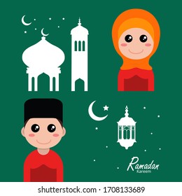 flat illustration ramadan background with ramadan kareem character design