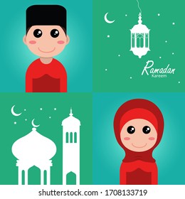 flat illustration ramadan background with ramadan kareem character design