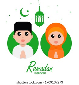 flat illustration ramadan background with ramadan kareem cartoon character design