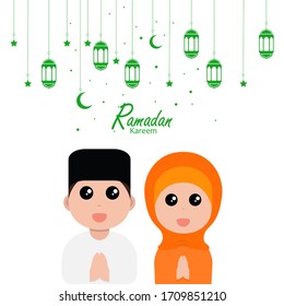 flat illustration ramadan background with ramadan kareem cartoon character design