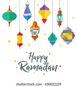 Flat illustration Ramadan Kareem Background with Lamps (Fanoos), Crescents and Stars - Vector