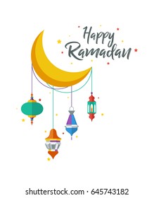 Flat illustration Ramadan Kareem Background with Lamps (Fanoos), Crescents and Stars - Vector. A Beautiful Greeting Card of Ramadan Mubarak with Colorful Hanging Lamps.