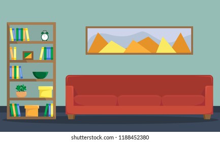 Flat illustration of reading room with a sofa, bookcase and painting on the wall. Flat style vector.
