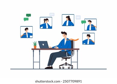 Flat illustration of recruiter conducting virtual interviews for remote job candidates