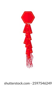 Flat illustration of a red firecracker decoration with gold details in a vertical arrangement.