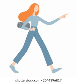 Flat Illustration of Red Hair Woman Hiking Character with Backpack