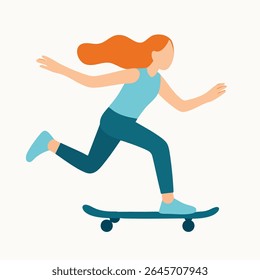 Flat Illustration of Red Hair Woman Riding Skateboard on Isolated Background