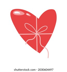 Flat illustration with red heart gift and white ribbons. Gift heart icon. Valentine's Day design element. Vector isolated design for postcards, internet, printing, and design.