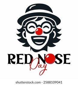 Flat illustration. Red nose, glasses, and hat on a white background. Red Nose Day concept. Vector.