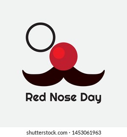 Flat illustration. Red nose and mustache on a white background. Red Nose Day concept. Vector. - Vector