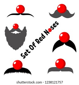 Flat illustration. Red noses and mustaches on a white background. Red Nose Day conception. Vector. Isolated objects.