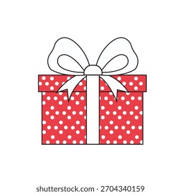 Ilustração plana de uma caixa de presente de bolinhas vermelha envolta com uma fita, ideal para promoções festivas, gráficos de celebração de feriado, visuais de festa, eventos de inverno e desenhos de embalagens bonitos.