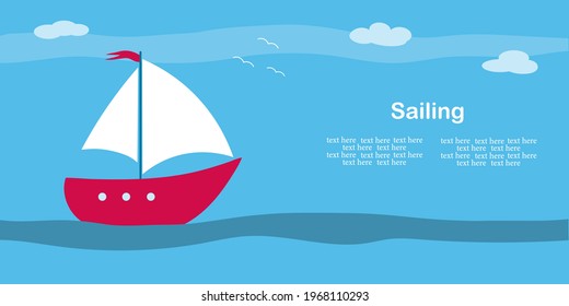 Flat illustration of a red sailing ship at sea with seagulls. Traveler's postcard. Banner with a yacht and place for text. Vector background.